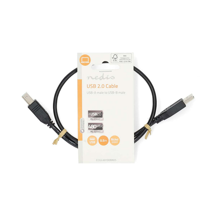 Nedis USB Cable - USB 2.0, USB-A Male, USB-B Male, Black - Label