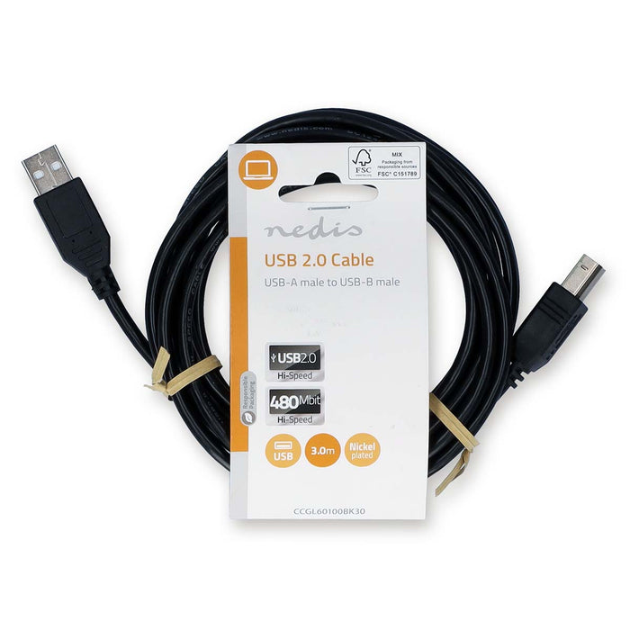 Nedis USB Cable - USB 2.0, USB-A Male, USB-B Male, Black - Label