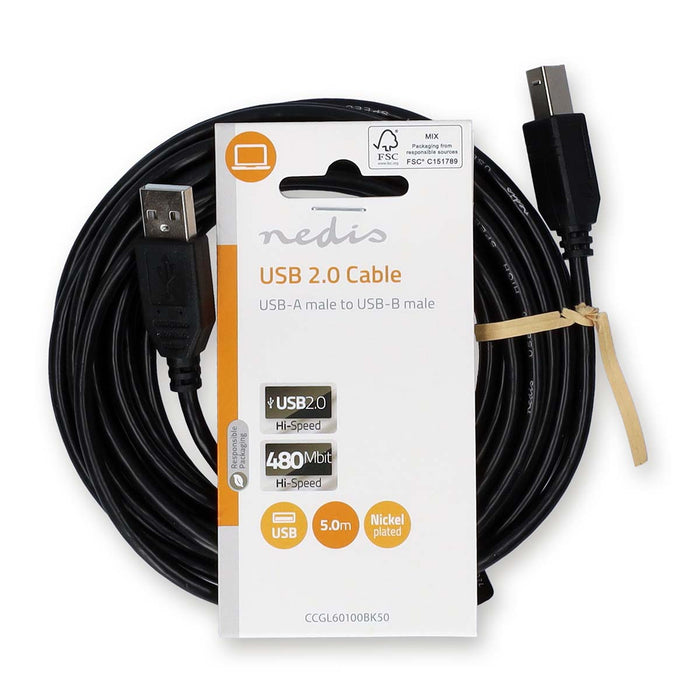 Nedis USB Cable - USB 2.0, USB-A Male, USB-B Male, Black - Label