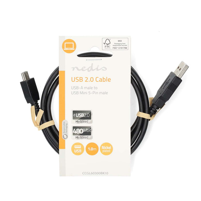 Nedis USB Cable - USB 2.0, USB-A Male, USB Mini-B 5 pin Male, Black - Label