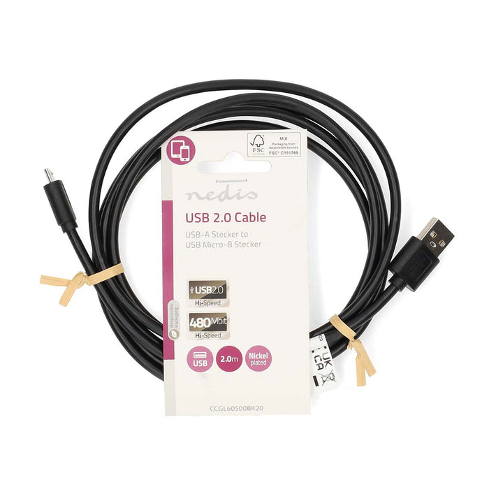 Nedis USB Cable - USB 2.0, USB-A Male, USB Micro-B Male, Black - Label