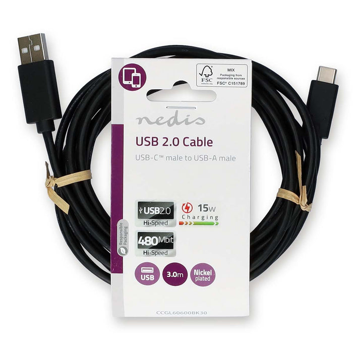 Nedis USB Cable - USB 2.0, USB-A Male, USB-C Male, Black - Label