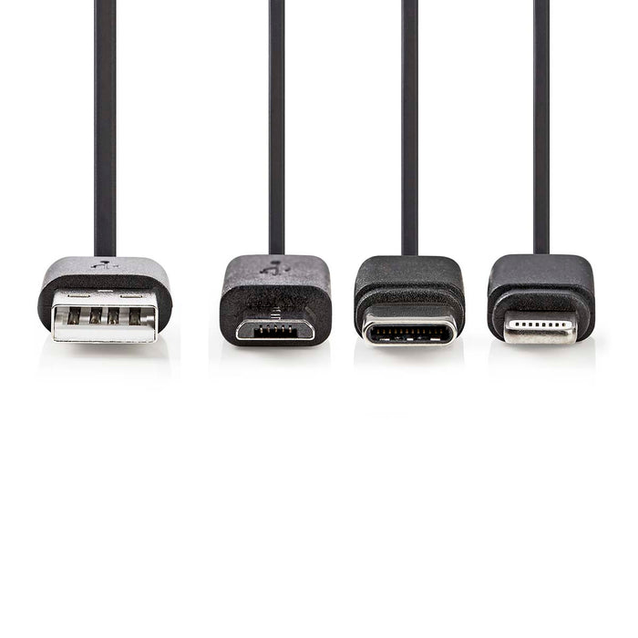 Nedis 3-in-1 Cable - USB 2.0, USB-A Male, Apple Lightning 8-Pin / USB Micro-B Male / USB-C Male, Black - Label