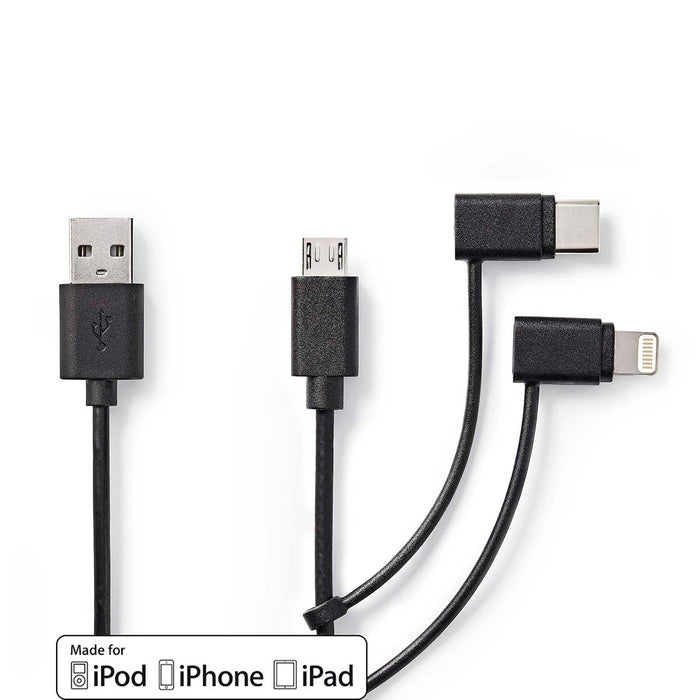 Nedis 3-in-1 Cable - USB 2.0, USB-A Male, Apple Lightning 8-Pin / USB Micro-B Male / USB-C Male, Black - Label