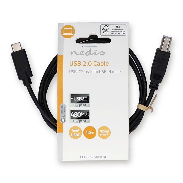 Nedis USB Cable - USB 2.0, USB-C Male, USB-B Male, Black - Label