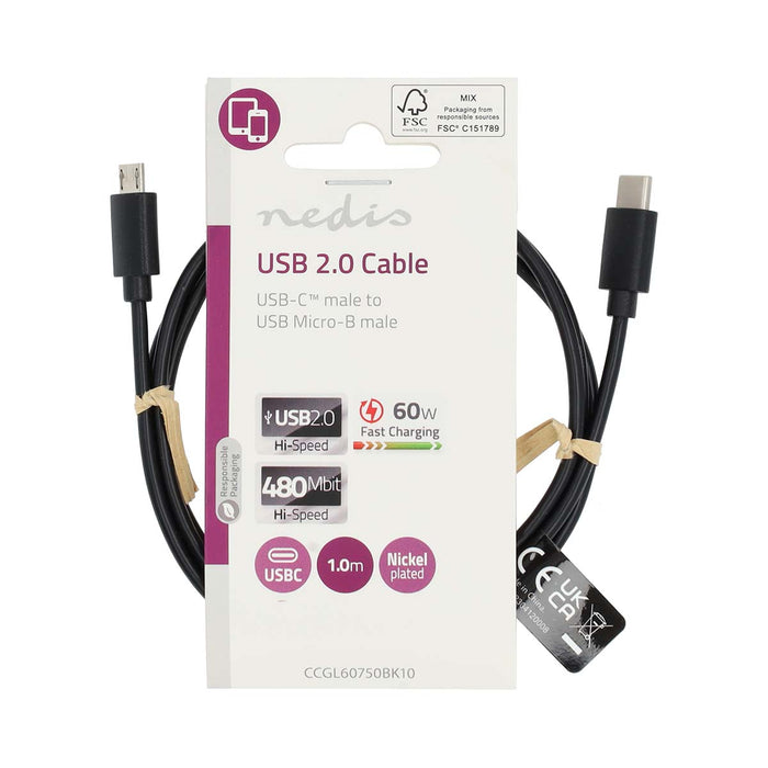 Nedis USB Cable - USB 2.0, USB-C Male, USB Micro-B Male, Black - Label