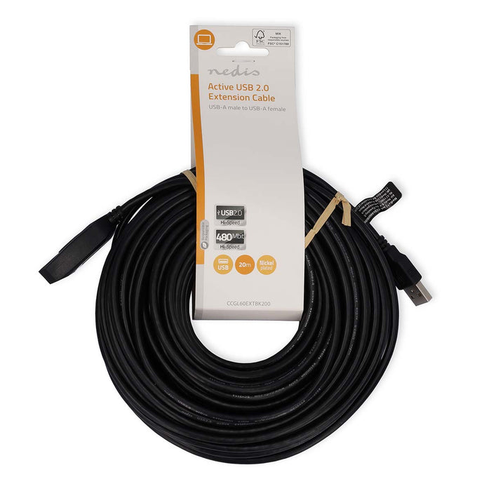 Nedis Active USB Cable - USB 2.0, USB-A Male, USB-A Female, Copper - Label