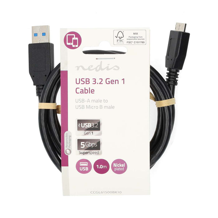 Nedis USB Cable - USB 3.2 Gen 1, USB-A Male, USB Micro-B Male, Blue - Label