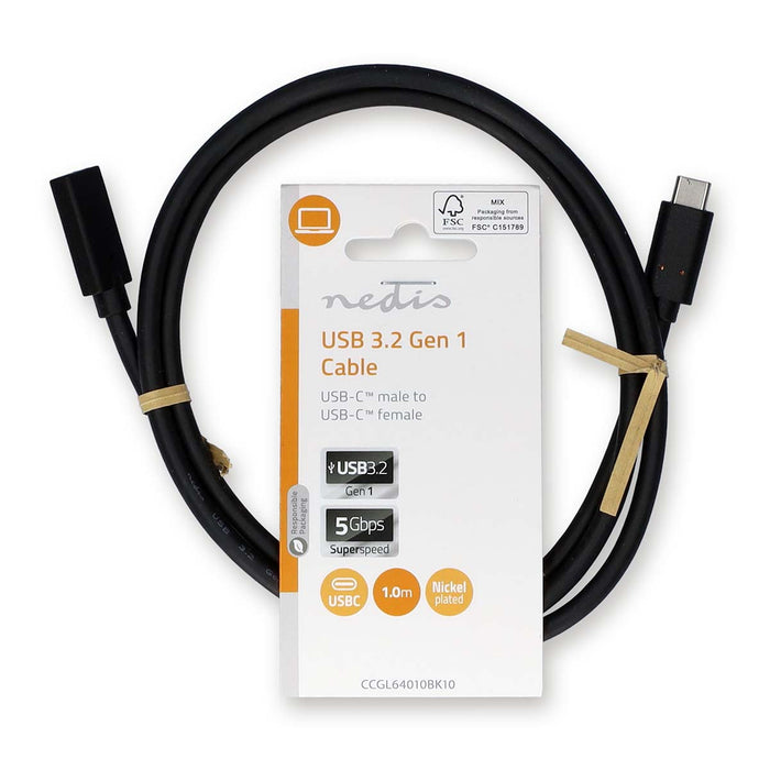 Nedis USB Cable - USB 3.2 Gen 1, USB-C Male, USB-C Female, Black - Label