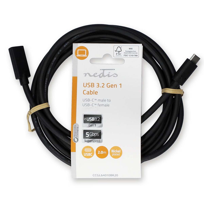 Nedis USB Cable - USB 3.2 Gen 1, USB-C Male, USB-C Female, Black - Label