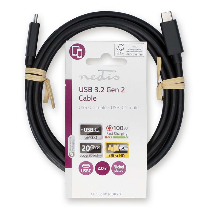 Nedis USB Cable - USB 3.2 Gen 2x2, USB-C Male, USB-C Male, Black - Label