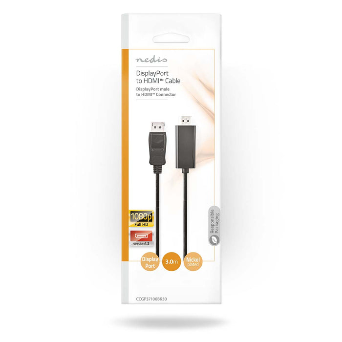 Nedis DisplayPort Cable - DisplayPort Male, HDMI Connector, 1080p, Black - Envelope