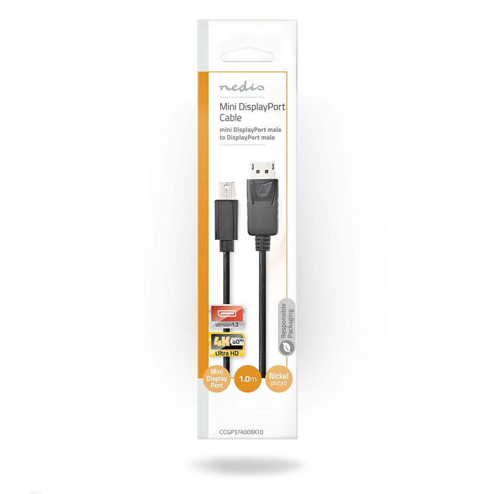 Nedis Mini DisplayPort Cable - DisplayPort 1.2, Mini DisplayPort Male, DisplayPort Male, Black - Envelope