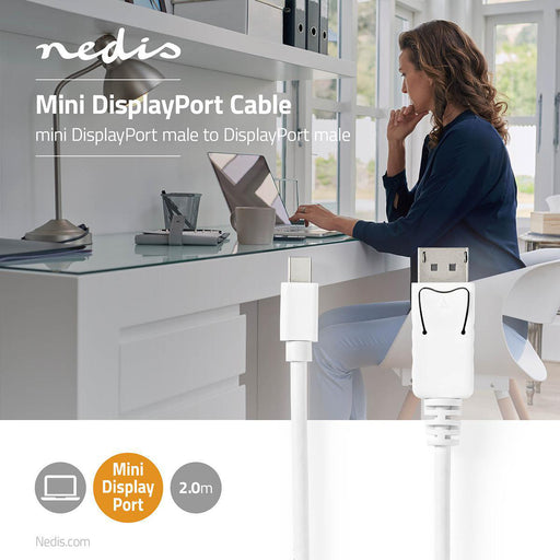 Nedis Mini DisplayPort Cable - DisplayPort 1.4, Mini DisplayPort Male, DisplayPort Male, White - Polybag