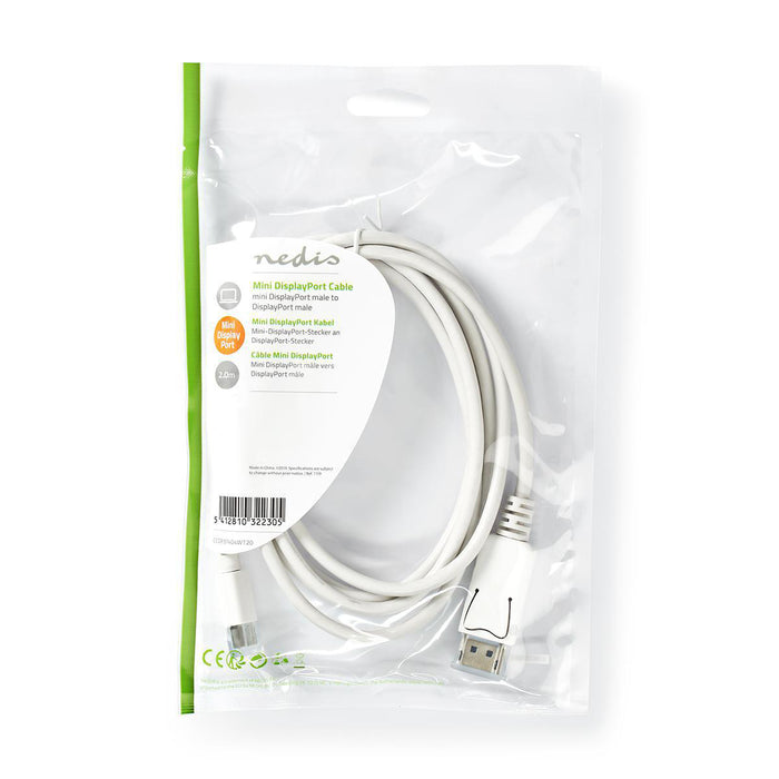 Nedis Mini DisplayPort Cable - DisplayPort 1.4, Mini DisplayPort Male, DisplayPort Male, White - Polybag