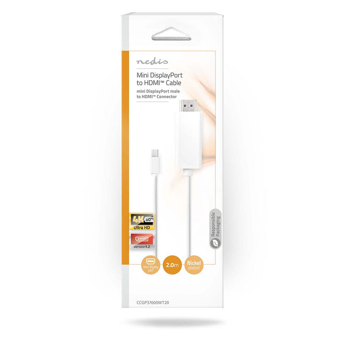 Nedis Mini DisplayPort Cable - DisplayPort 1.2, Mini DisplayPort Male, HDMI Connector, White - Polybag