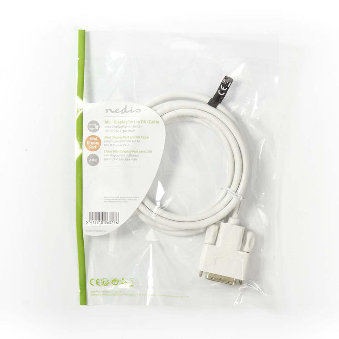 Nedis Mini DisplayPort Cable - DisplayPort 1.2, Mini DisplayPort Male, DVI-D 24+1-Pin Male, White - Polybag