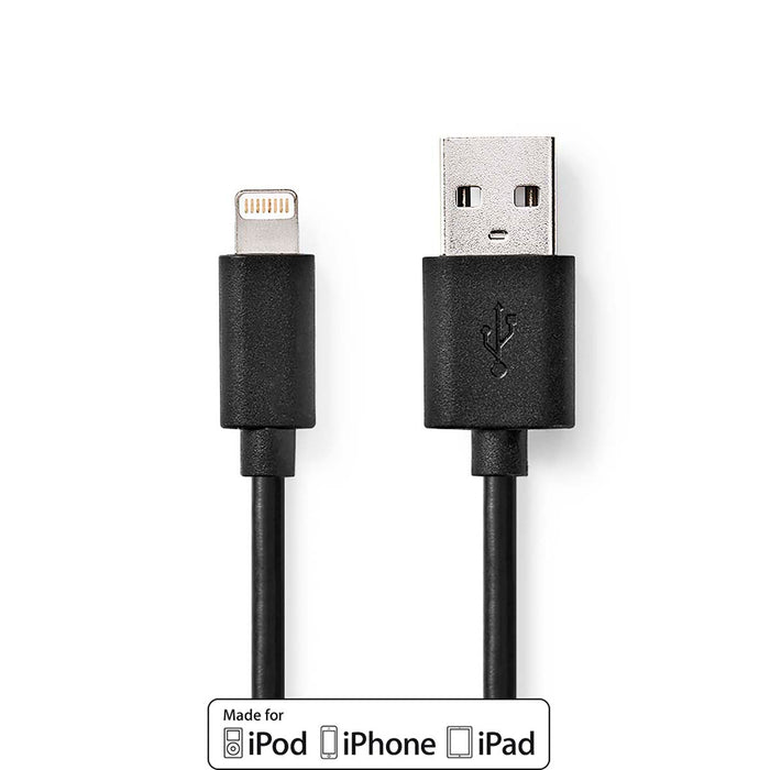 Nedis Lightning Cable - USB 2.0, Apple Lightning 8-Pin, USB-A Male, Black - Polybag