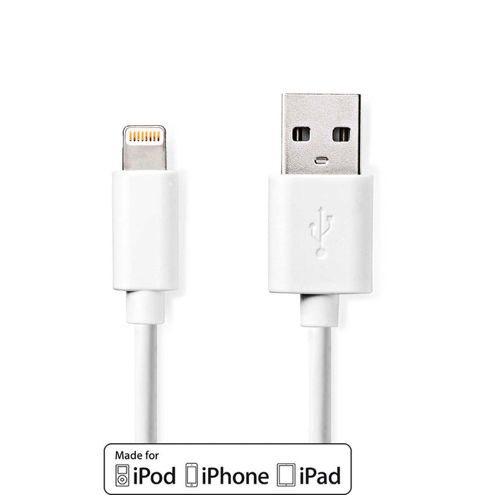 Nedis Lightning Cable - USB 2.0, Apple Lightning 8-Pin, USB-A Male, White - Envelope