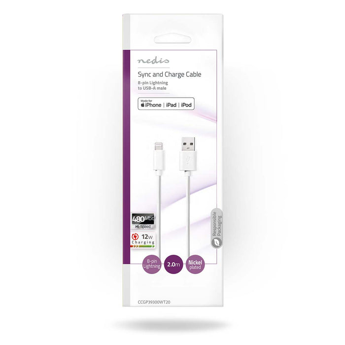 Nedis Lightning Cable - USB 2.0, Apple Lightning 8-Pin, USB-A Male, White - Envelope