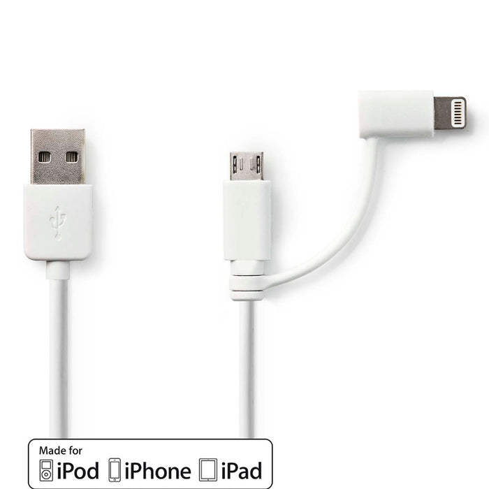 Nedis 2-in-1 Cable - USB 2.0, USB-A Male, Apple Lightning 8-Pin / USB Micro-B Male, White - Polybag