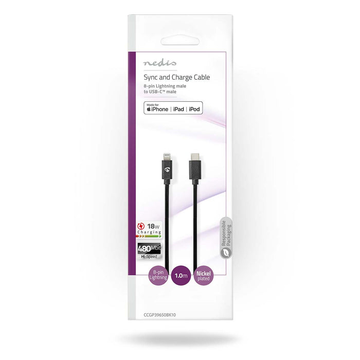 Nedis Lightning Cable - USB 2.0, Apple Lightning 8-Pin, USB-C Male, Black - Envelope