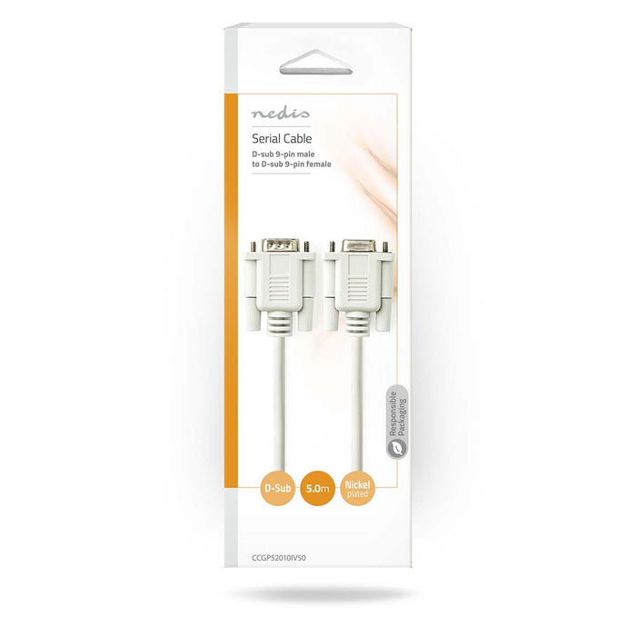 Nedis Serial Cable - D-SUB 9-Pin Male, D-SUB 9-Pin Female, Nickel Plated, Ivory - Polybag