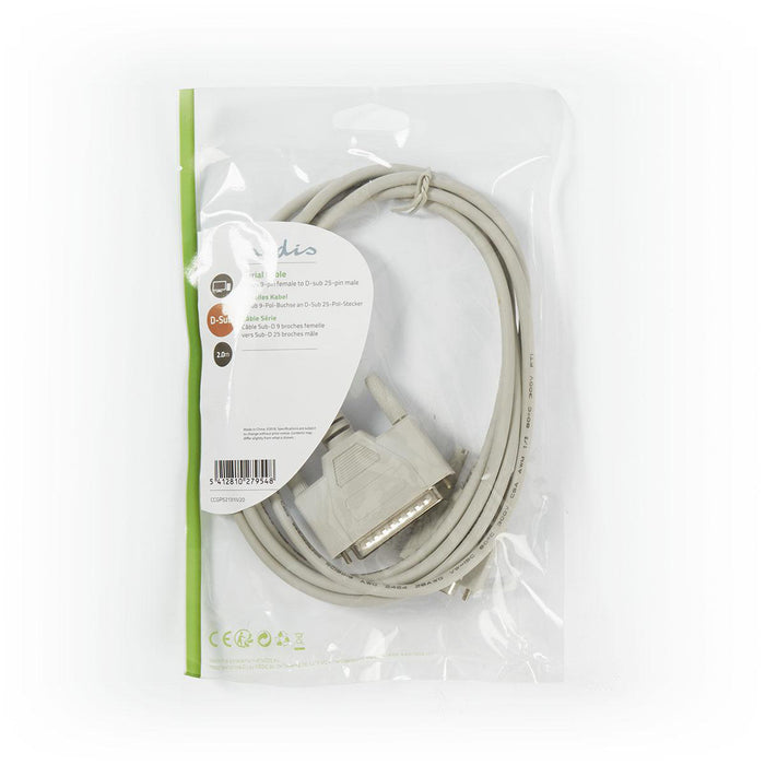 Nedis Serial Cable - D-SUB 9-Pin Female, D-SUB 25-Pin Male, Nickel Plated, Ivory - Polybag