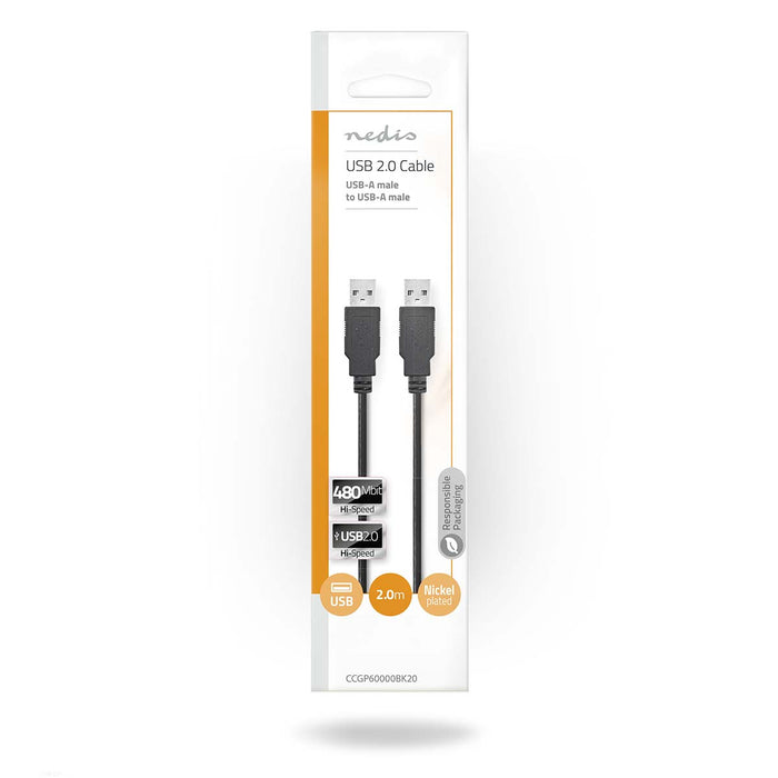 Nedis USB Cable - USB 2.0, USB-A Male, USB-A Male, Black - Envelope