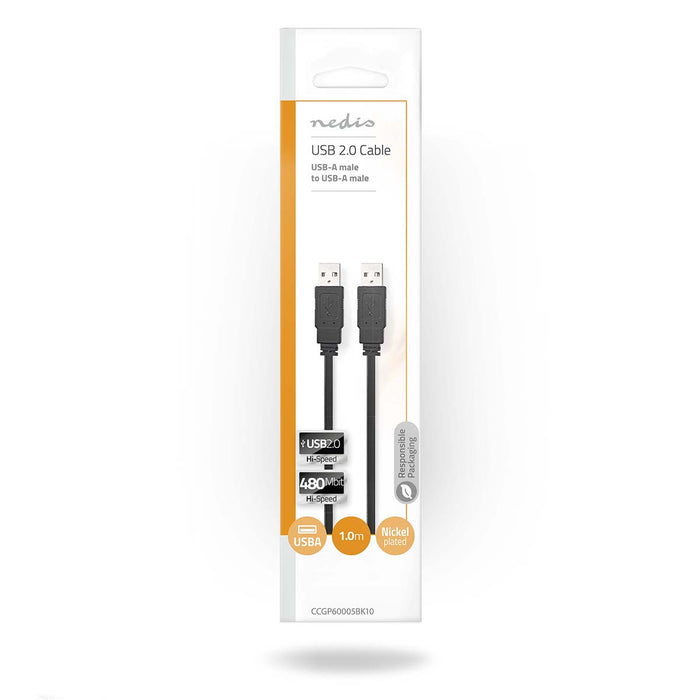 Nedis USB Cable - USB 2.0, USB-A Male, USB-A Male, Black - Polybag