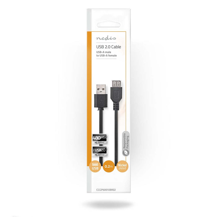 Nedis USB Cable - USB 2.0, USB-A Male, USB-A Female, Black - Envelope