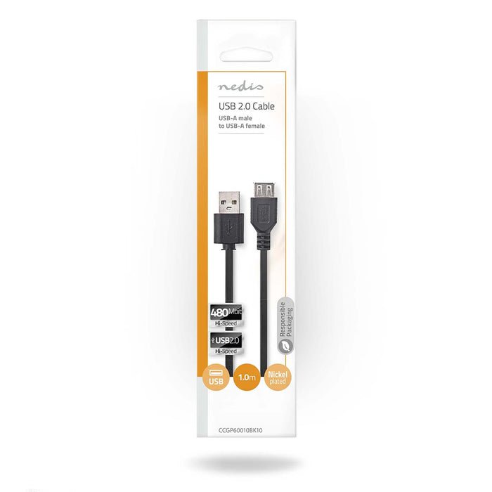 Nedis USB Cable - USB 2.0, USB-A Male, USB-A Female, Black - Polybag