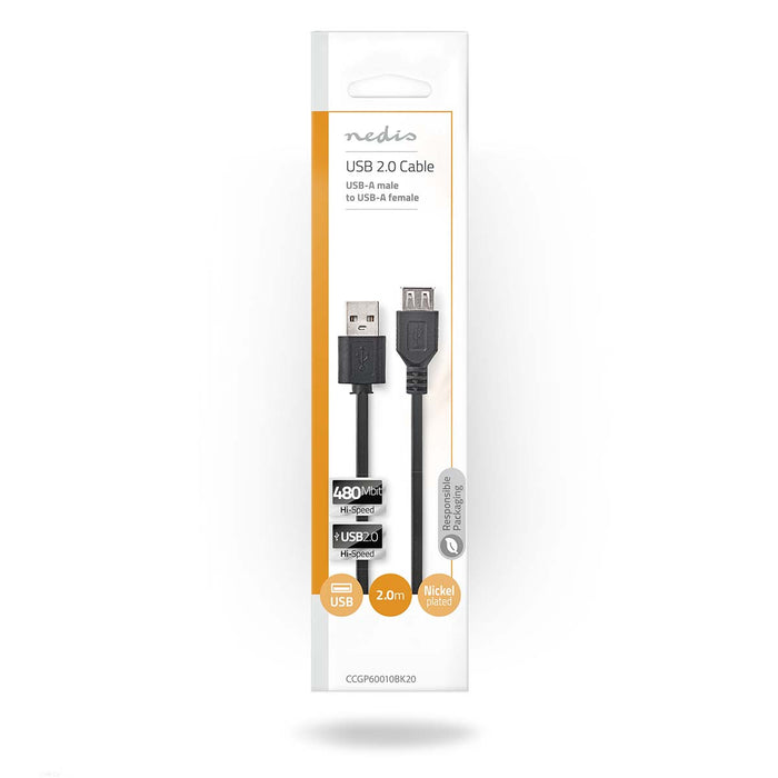 Nedis USB Cable - USB 2.0, USB-A Male, USB-A Female, Black - Envelope