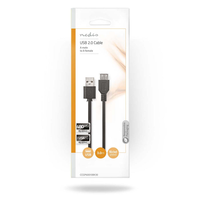 Nedis USB Cable - USB 2.0, USB-A Male, USB-A Female, Black - Envelope