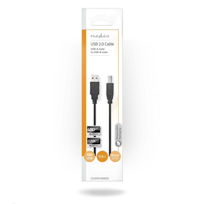 Nedis USB Cable - USB 2.0, USB-A Male, USB-B Male, Black - Polybag