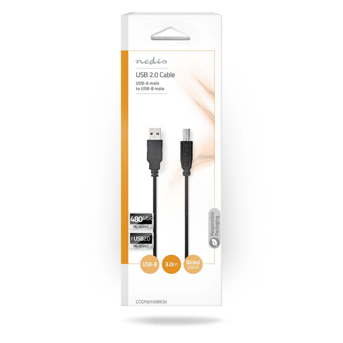 Nedis USB Cable - USB 2.0, USB-A Male, USB-B Male, Black - Polybag