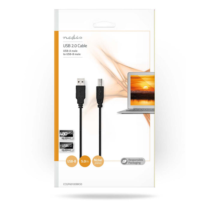 Nedis USB Cable - USB 2.0, USB-A Male, USB-B Male, Black - Envelope