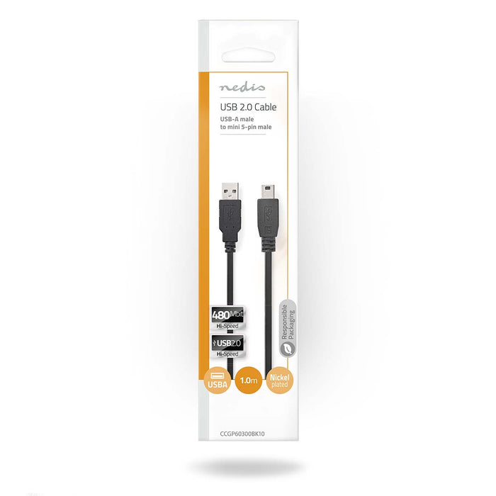 Nedis USB Cable - USB 2.0, USB-A Male, USB Mini-B 5 pin Male, Black - Polybag