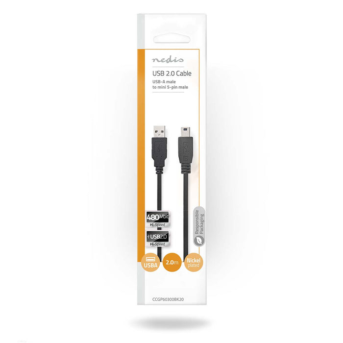 Nedis USB Cable - USB 2.0, USB-A Male, USB Mini-B 5 pin Male, Black - Envelope