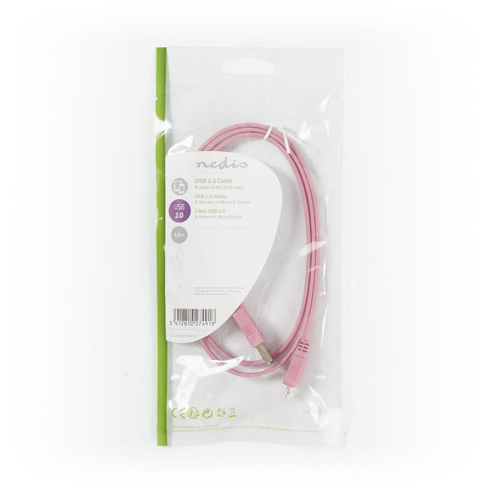 Nedis USB Cable - USB 2.0, USB-A Male, USB Micro-B Male, Pink - Polybag