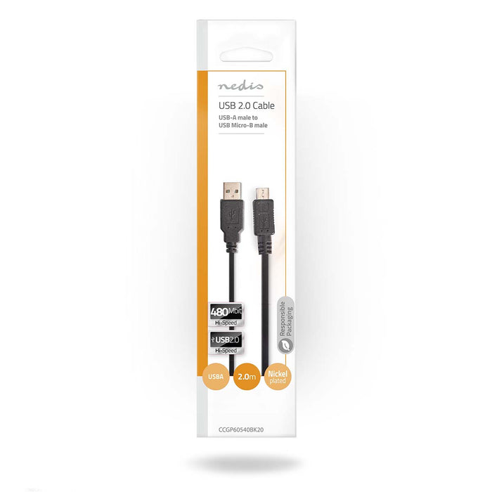 Nedis USB Cable - USB 2.0, USB-A Male, USB Micro-B Male, Black - Envelope