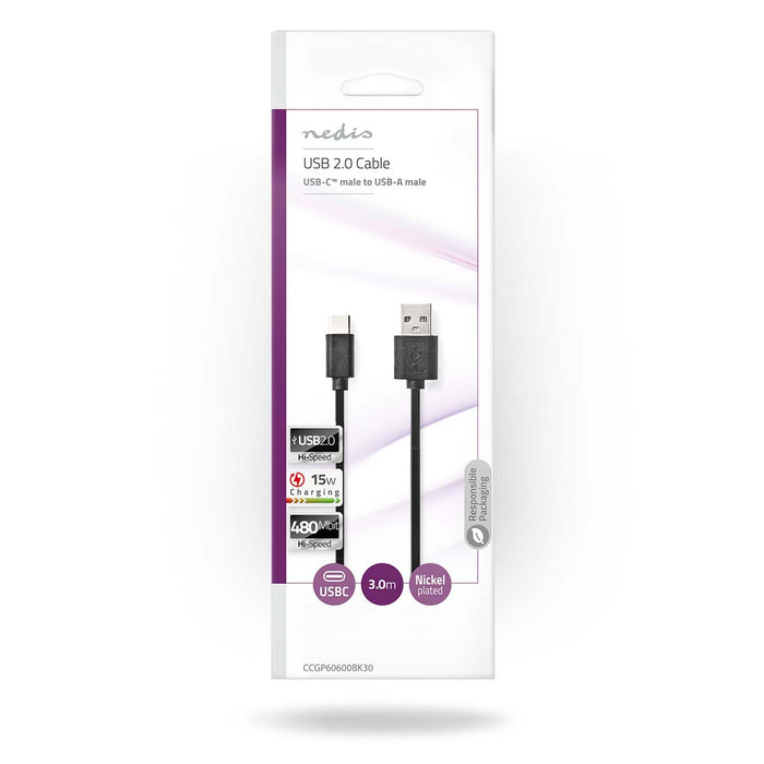 Nedis USB Cable - USB 2.0, USB-A Male, USB-C Male, Black - Envelope