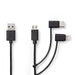 Nedis 3-in-1 Cable - USB 2.0, USB-A Male, Apple Lightning 8-Pin / USB Micro-B Male / USB-C Male, Black - Polybag