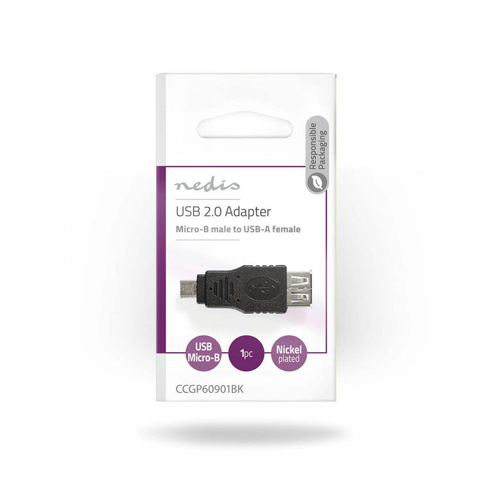 Nedis USB Adapter - USB 2.0, USB Micro-B Male, USB-A Female, Black - Envelope