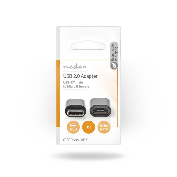 Nedis USB Adapter - USB 2.0, USB-C Male, USB Micro-B Female, Black - Polybag