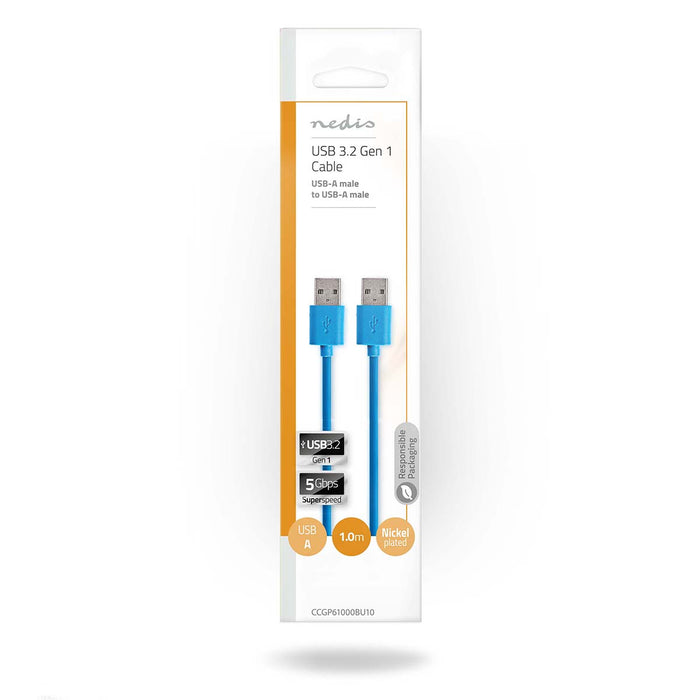 Nedis USB Cable - USB 3.2 Gen 1, USB-A Male, USB-A Male, Blue - Polybag