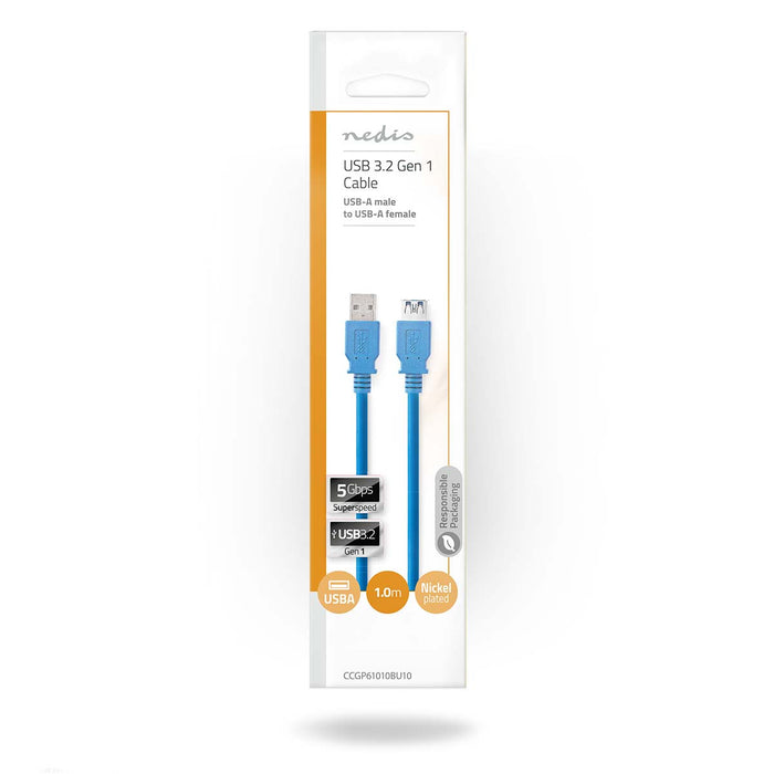 Nedis USB Cable - USB 3.2 Gen 1, USB-A Male, USB-A Female, Blue - Polybag