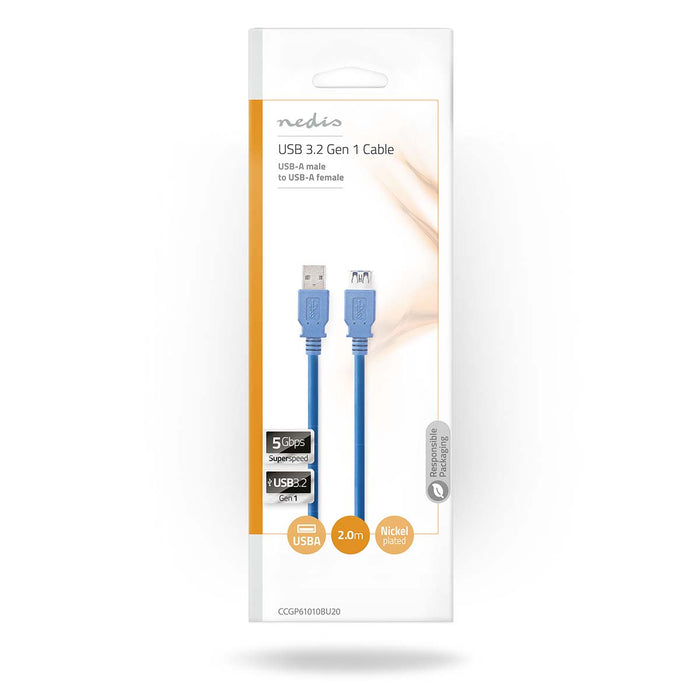 Nedis USB Cable - USB 3.2 Gen 1, USB-A Male, USB-A Female, Blue - Envelope