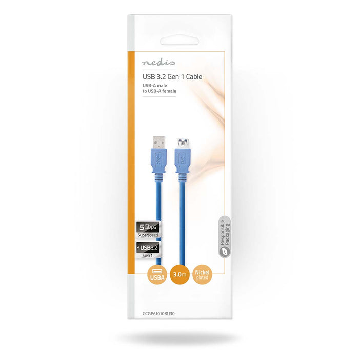 Nedis USB Cable - USB 3.2 Gen 1, USB-A Male, USB-A Female, Blue - Envelope