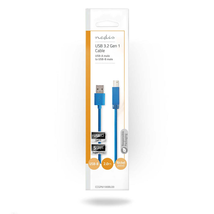 Nedis USB Cable - USB 3.2 Gen 1, USB-A Male, USB-B Male, Blue - Envelope